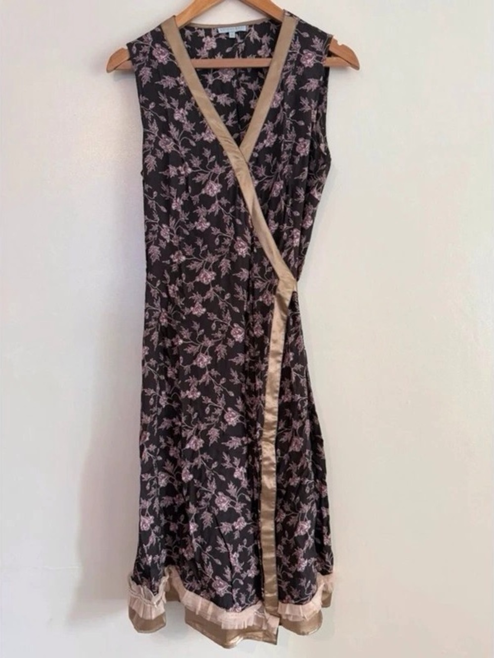 Sleeveless Floral Wrap Midi Dress in Black and Pink with Cream Trim